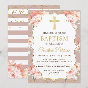 Invitation Pastel Coral Floral Gold Cross Girl Baptême
