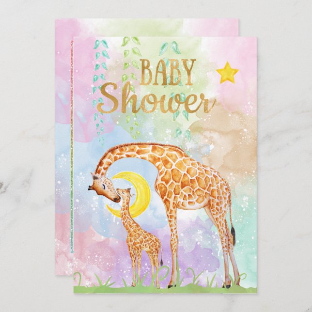 Invitation Pastel Couleur Mère et Baby shower bébé Giraffe (Devant / Derrière)