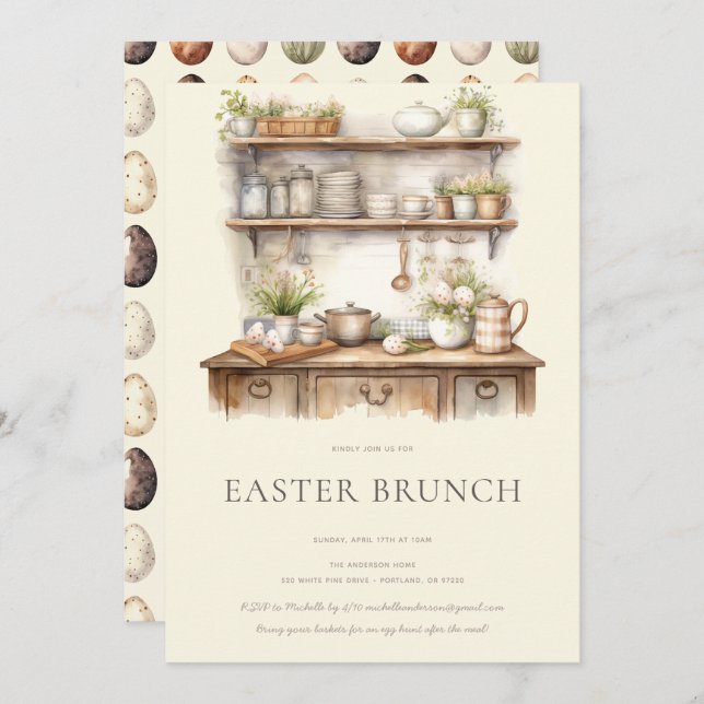 Invitation Pastel Cream & Brown Vintage Kitchen Easter Brunch (Devant / Derrière)