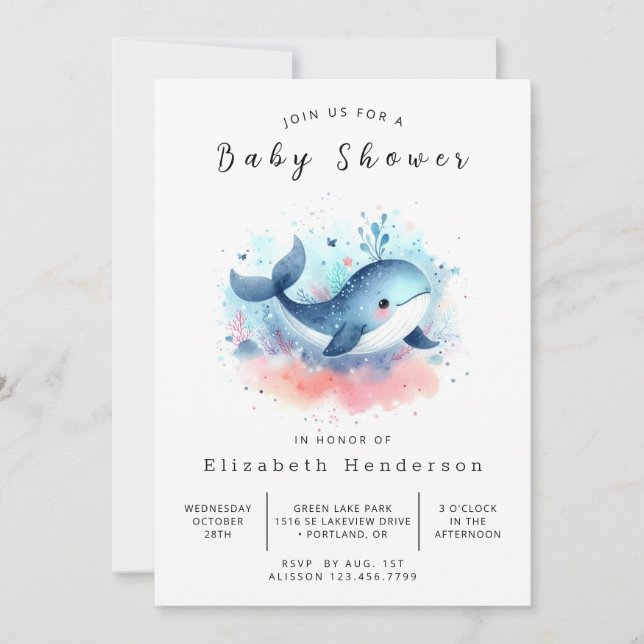 Invitation Pastel Custom Whale Baby shower (Devant)