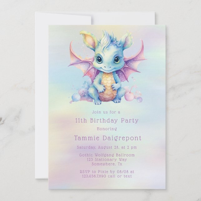 Invitation Pastel Cute Dragon Fille Anniversaire (Devant)