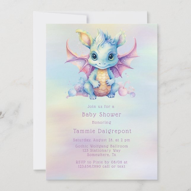 Invitation Pastel Cute Dragon Girl Baby shower (Devant)