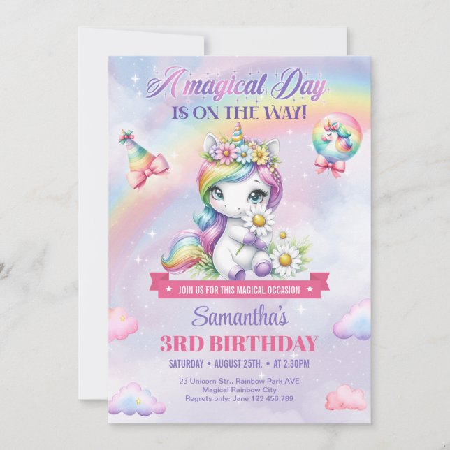 Invitation Pastel Cute licorne avec fleurs troisième annivers (Devant)