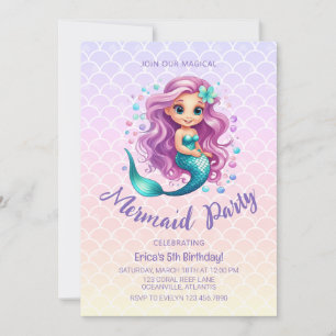 Invitation Pastel Cute Mermaid Scales Aquarelle Anniversaire