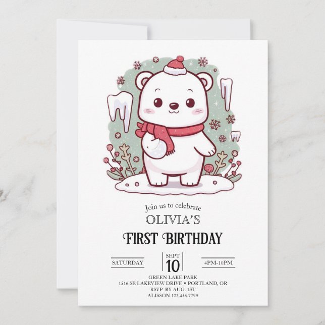 Invitation Pastel Cute Polar Ours 1er Anniversaire Numérique (Devant)