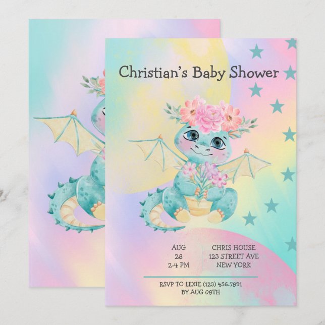 Invitation Pastel Cute Turquoise Dragon Peony Baby shower fil (Devant / Derrière)