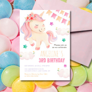 Invitation Pastel Cute Unicorn Bunting Fille Anniversaire