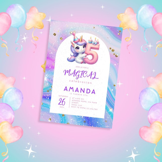 Invitation Pastel Cute Unicorn Girl 5e anniversaire (Créateur téléchargé)
