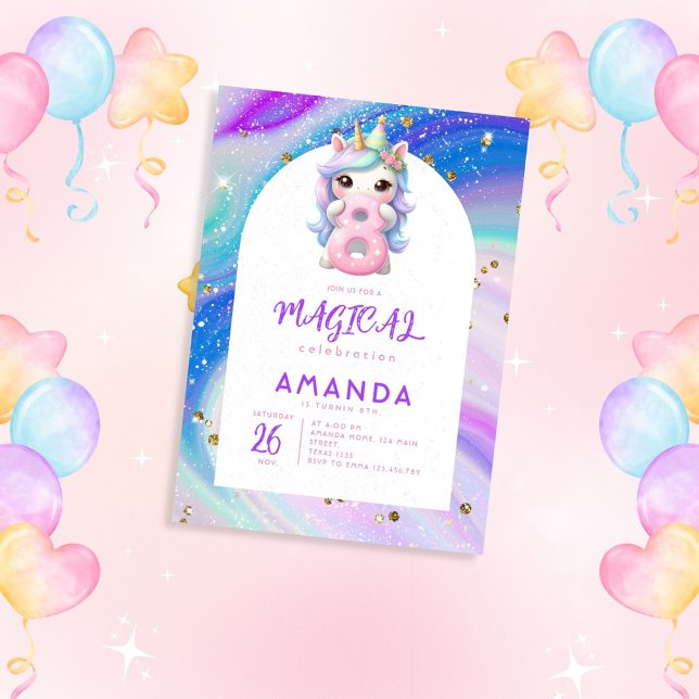 Invitation Pastel Cute Unicorn Girl 8e anniversaire (Créateur téléchargé)