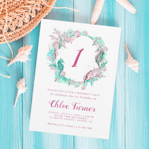 Invitation Pastel Cyan & Rose sous la mer Premier anniversair