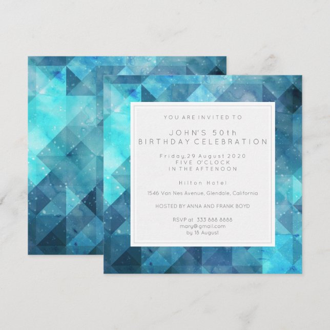 Invitation Pastel Diamond Géométrique Anniversaire Bleu (Devant / Derrière)