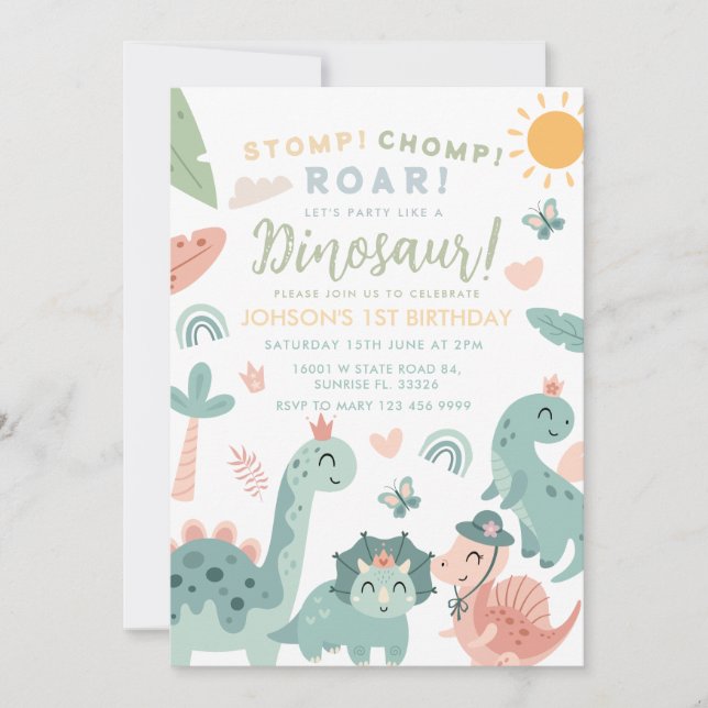 Invitation Pastel Dinosaur Stomp Chomp Roar 1er anniversaire (Devant)