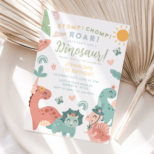 Invitation Pastel Dinosaur Stomp Chomp Roar 1er anniversaire