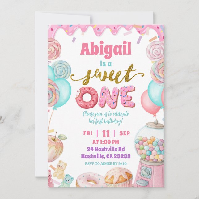 Invitation Pastel Donut SweetOne First Birthday party Invitat (Devant)