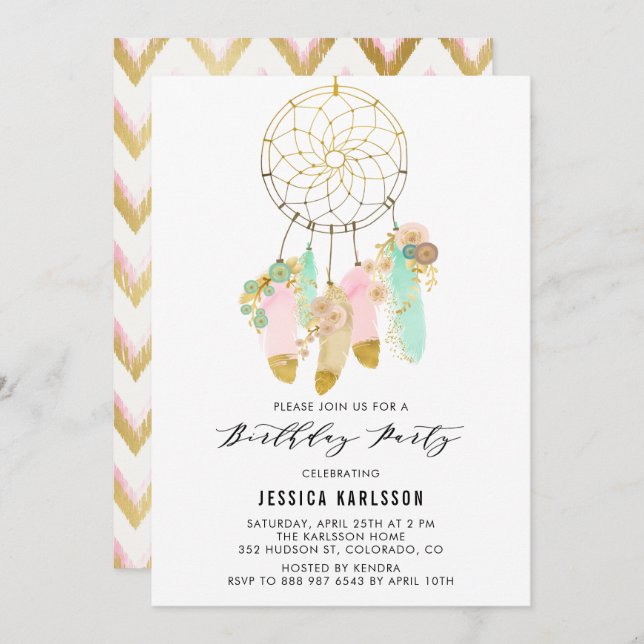 Invitation Pastel Dreamcatcher Faux Gold Foil Anniversaire (Devant / Derrière)