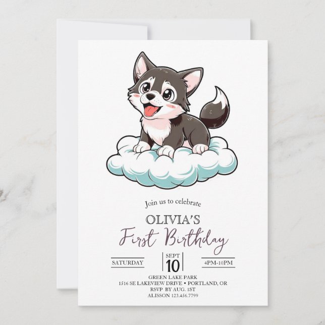 Invitation Pastel éditable Wolf numérique 1er anniversaire (Devant)