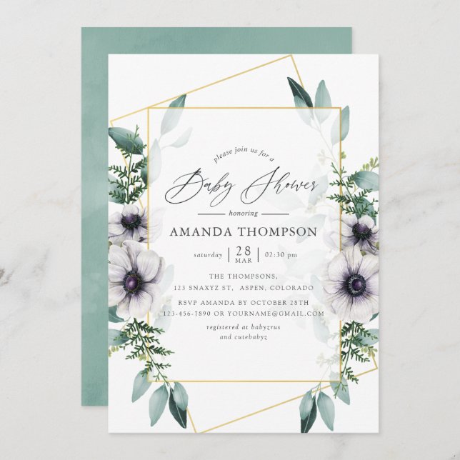 Invitation Pastel Eucalyptus Anemone Baby shower géométrique (Devant / Derrière)