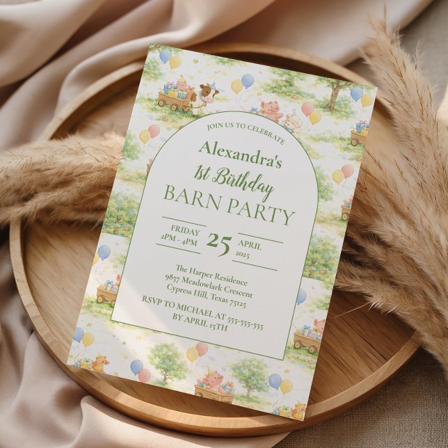 Invitation Pastel Farm Animals Barn Party 1st Birthday (Créateur téléchargé)