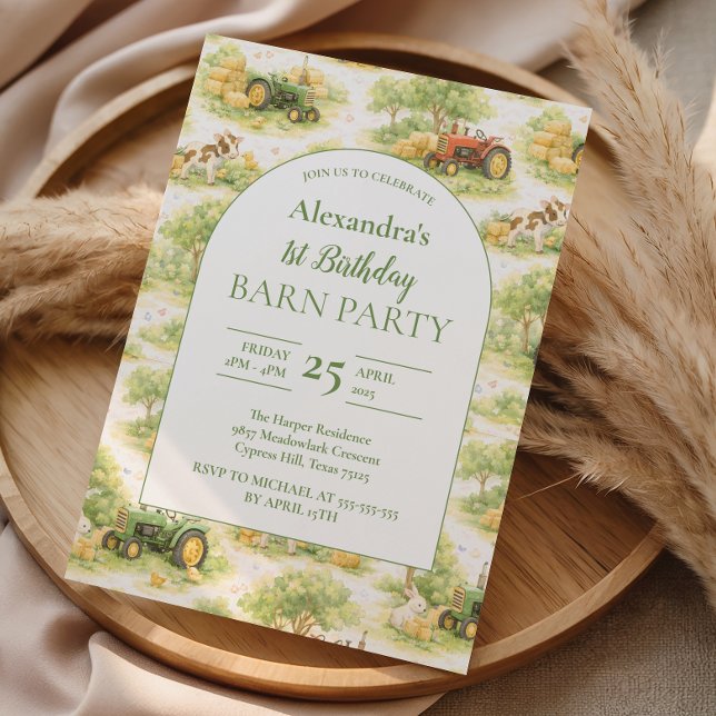 Invitation Pastel Farm Tractor Barnyard 1st Birthday (Créateur téléchargé)