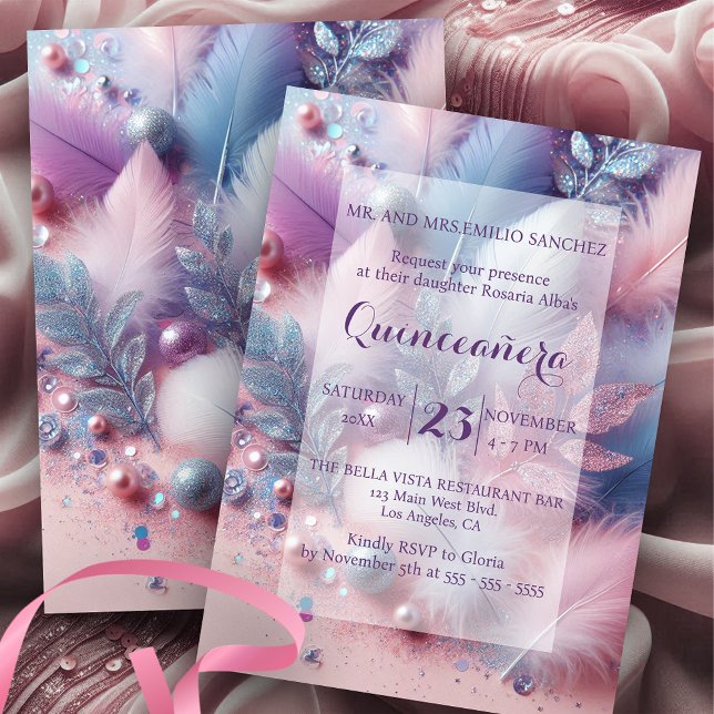 Invitation Pastel Feaths Pearls Parties scintillant Feuilles  (Créateur téléchargé)