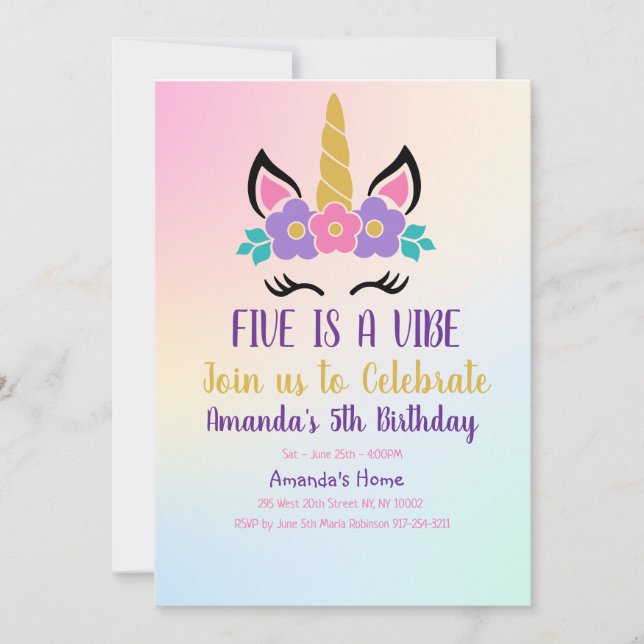Invitation Pastel Five est une licorne d'anniversaire tendanc (Devant)