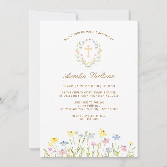 Invitation Pastel Fleur sauvage Wreath Baptême (Devant)
