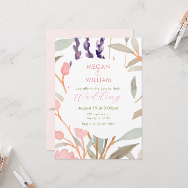 Invitation Pastel Floral Aquarelle Brunch mariage (Devant/Arrière en situation)