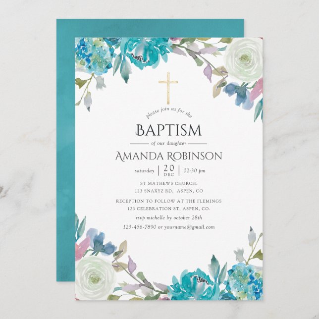 Invitation Pastel Floral Baptême ou Christening (Devant / Derrière)