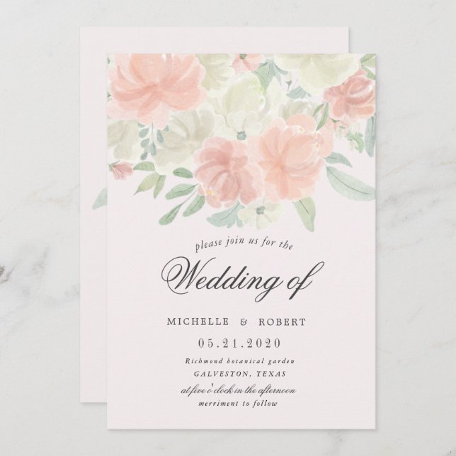 Invitation pastel floral clair mariage (Devant / Derrière)