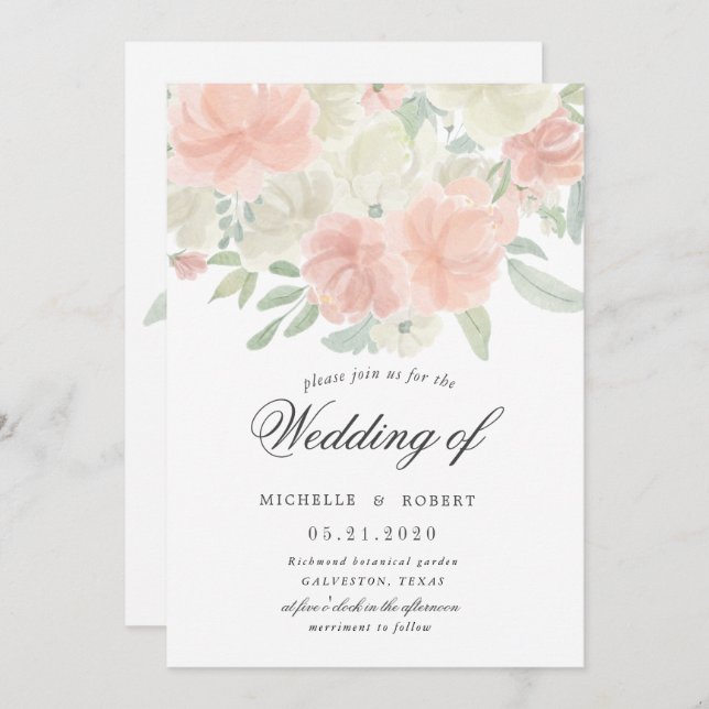 Invitation pastel floral clair mariage (Devant / Derrière)