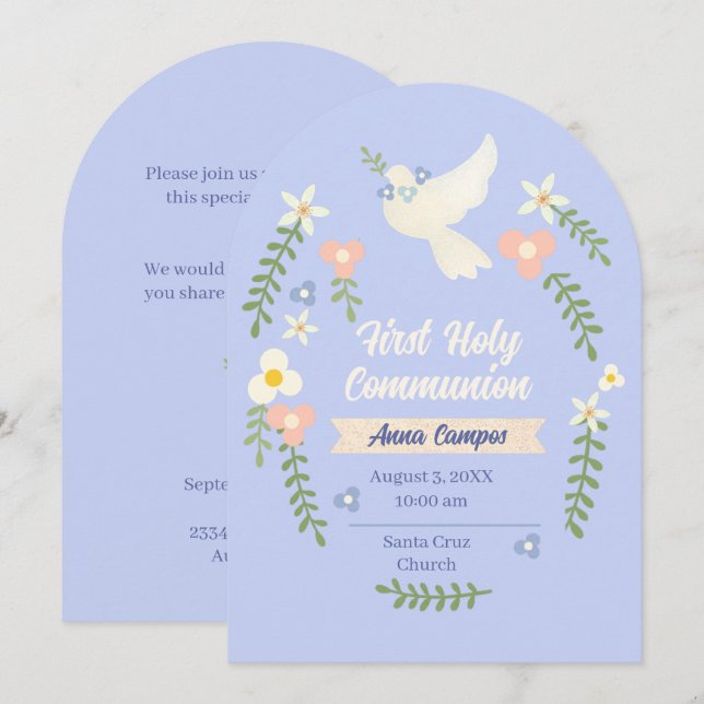 Invitation Pastel Floral Colombe Première Communion (Devant / Derrière)