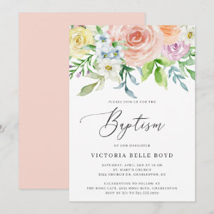 Invitation Pastel Floral Coral Pêche Baby Girl Baptême