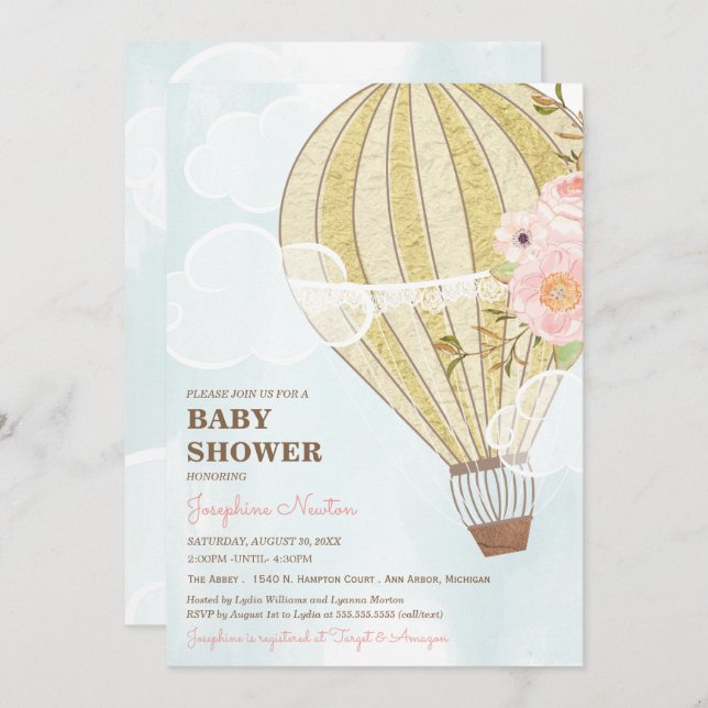 Invitation Pastel Floral & Gold Hot Air Baby shower (Devant / Derrière)