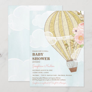 Invitation Pastel Floral & Gold Hot Air Baby shower