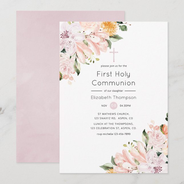 Invitation Pastel Floral Première Sainte Communion (Devant / Derrière)