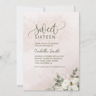 Invitation Pastel Floral Rose blanche Douce 16 Anniversaire