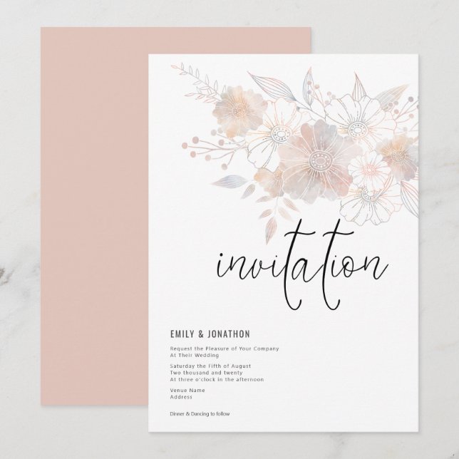 Invitation Pastel Florals Blush Peach Grey Mariage (Devant / Derrière)