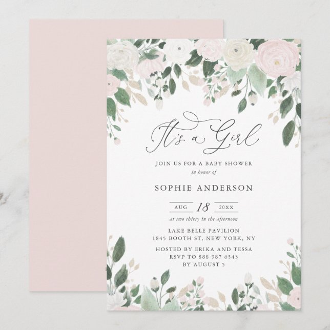 Invitation Pastel Flowers Parties scintillant C'est un Baby s (Devant / Derrière)