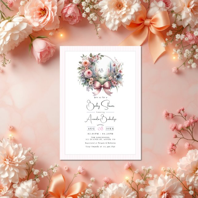Invitation Pastel Garden Blooms Bow Floral Baby shower (Pastel Garden Blooms Bow Floral Baby Shower Invitation)