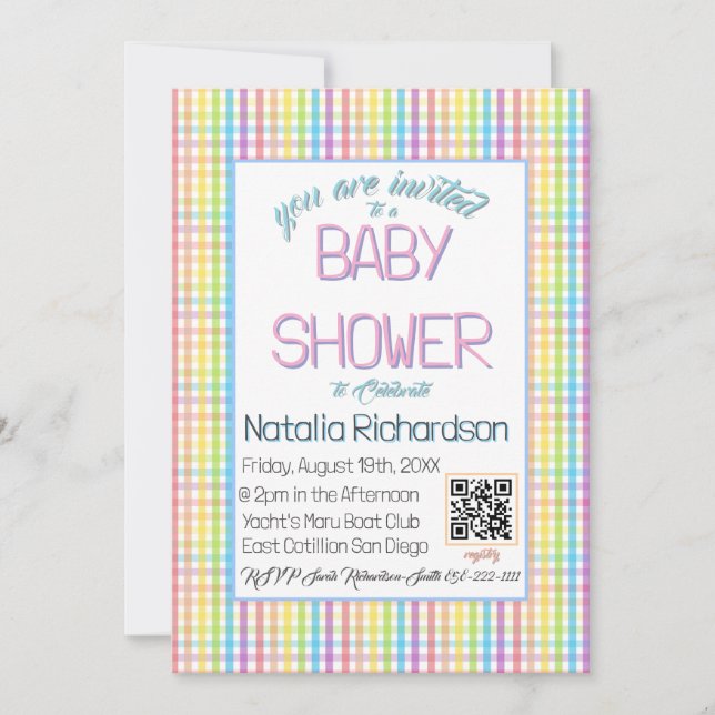 Invitation Pastel Gingham Rainbow Baby Shower (Devant)