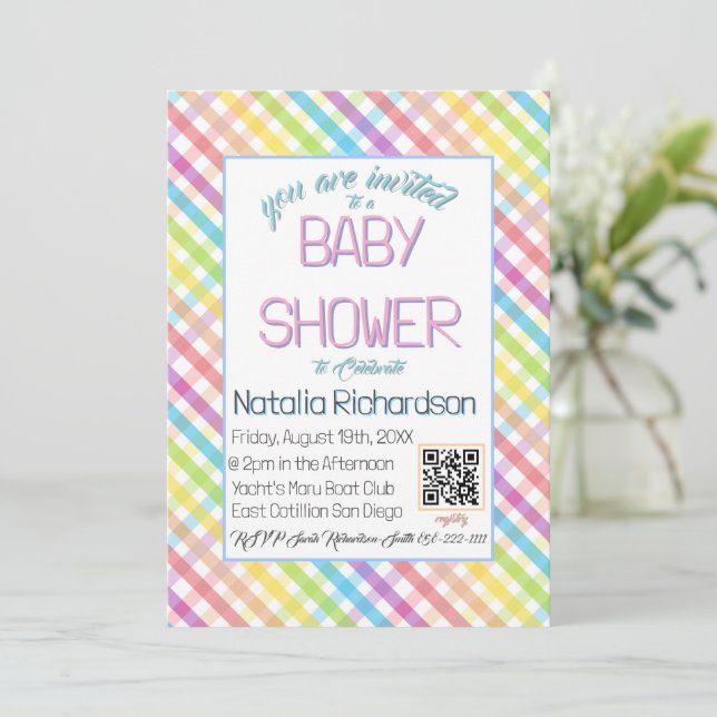 Invitation Pastel Gingham Rainbow Baby Shower (Debout devant)