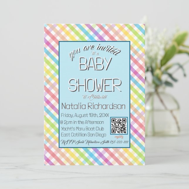 Invitation Pastel Gingham Rainbow Baby Shower Blue (Debout devant)