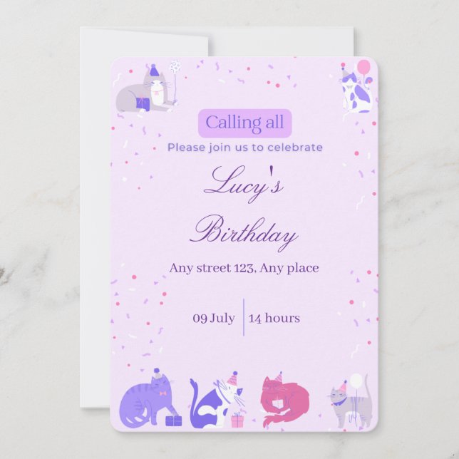 Invitation Pastel Girl Cat Invite (Devant)