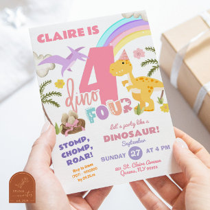 Invitation Pastel Girl Dinosaur DinoQuatre fête d'anniversair