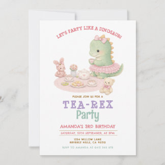 Invitation Pastel Girl Dinosaur Tea-Rex 3rd Girl Birthday