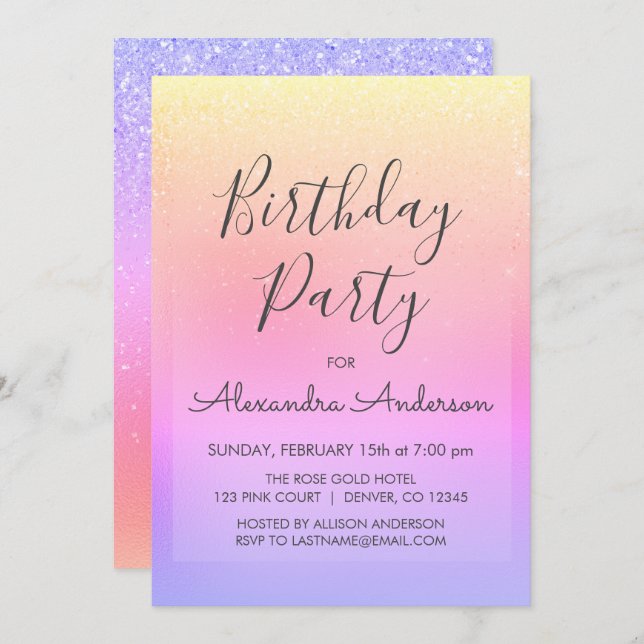 Invitation Pastel Girly Parties scintillant Étincelle N'Impor (Devant / Derrière)