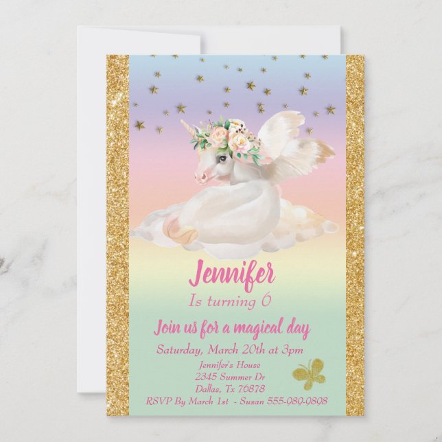 Invitation Pastel Gold Enfant's Gold Unicorn Pegasus Rainbow (Devant)
