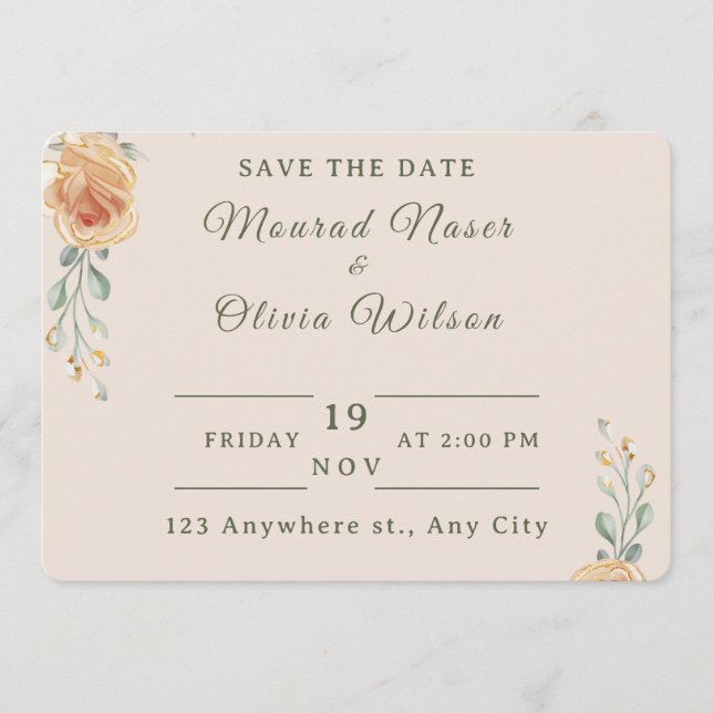 Invitation Pastel Gold Floral Wedding Save the Date Card (Devant)
