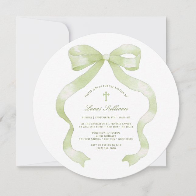Invitation Pastel Green Bow Baptême (Devant)