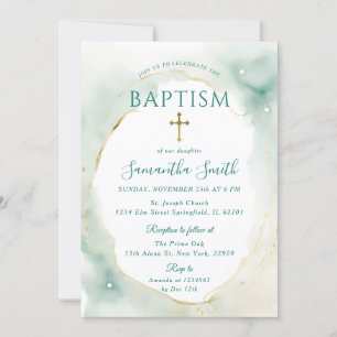 Invitation Pastel Green Gold Cross Christening Baptême